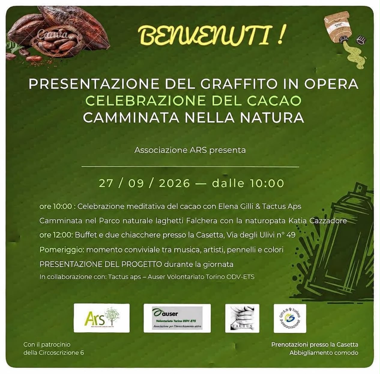 Presentazione del graffito in opera, celebrazione del cacao, camminata nella natura
